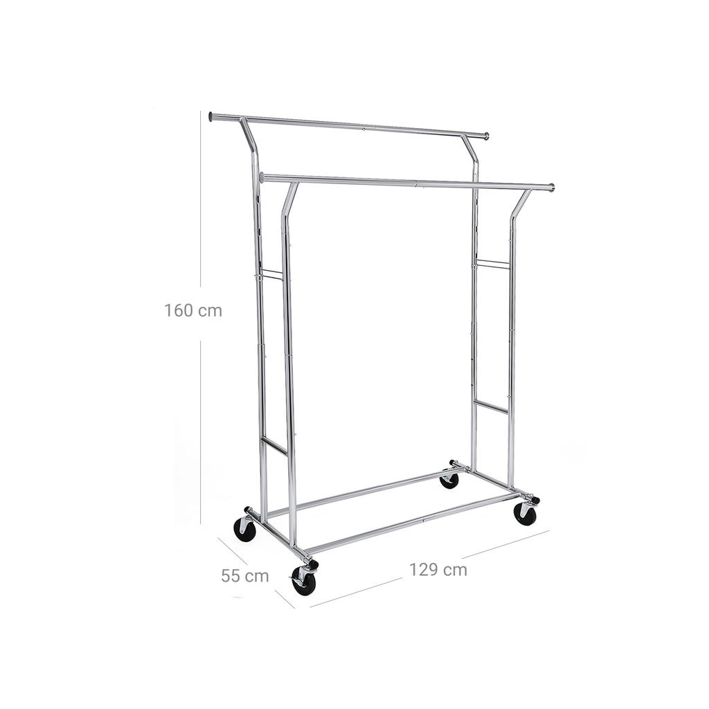 SONGMICS HSR12S Heavy Duty Metal Coat Rack Stand 110kg Heavy Duty Clothes Rack On Wheels Length 129-169 Cm Chrome