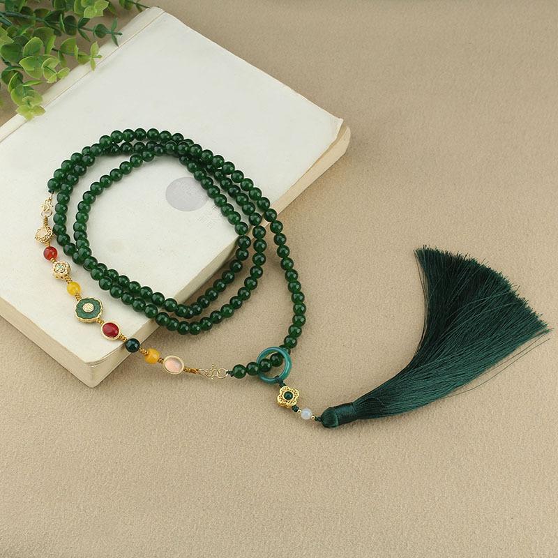 GEMCHIC Women s Multi-Wear Jade Beaded Tassel Necklace, Adjustable Chain, Ethnic Style Handwoven Pendant for Bag Car Charm Bracelet