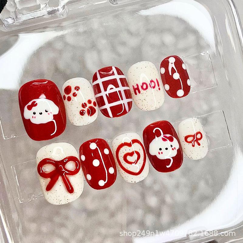 30Pcs Cute Cartoon Short Bean Shaped Press On Nails Autumn Winter Niche Design Fake Nails Gift For Girls And Friends