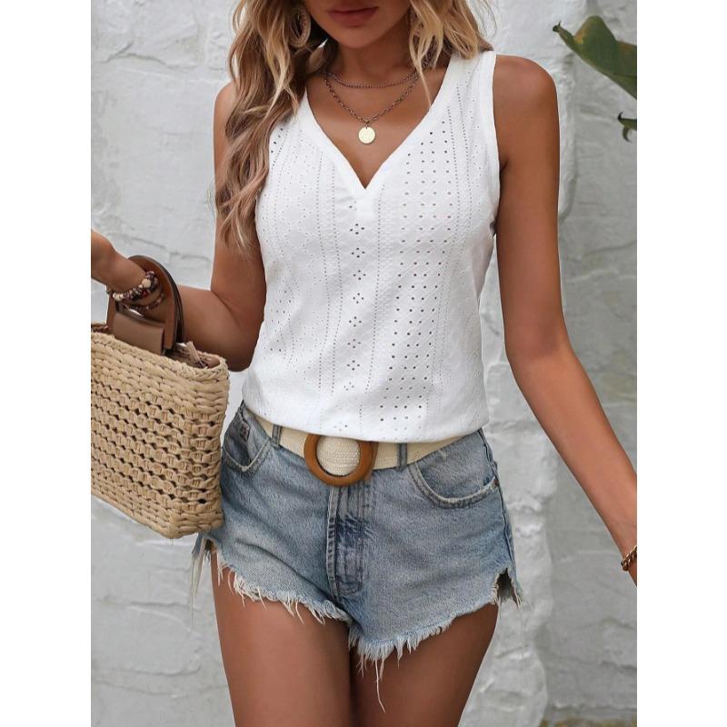 Summer Deep V Neck Low Cut Tank Tops New Hollow Out Blouse Fashion Elegant Sweet Slim Fit Top Women's Sleeveless Simple Casual Clothing