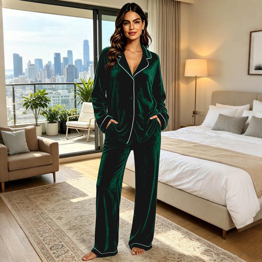 Women's Color Long Sleeve Pajama Set with Lapel Collar Top and Pants for Casual Loungewear