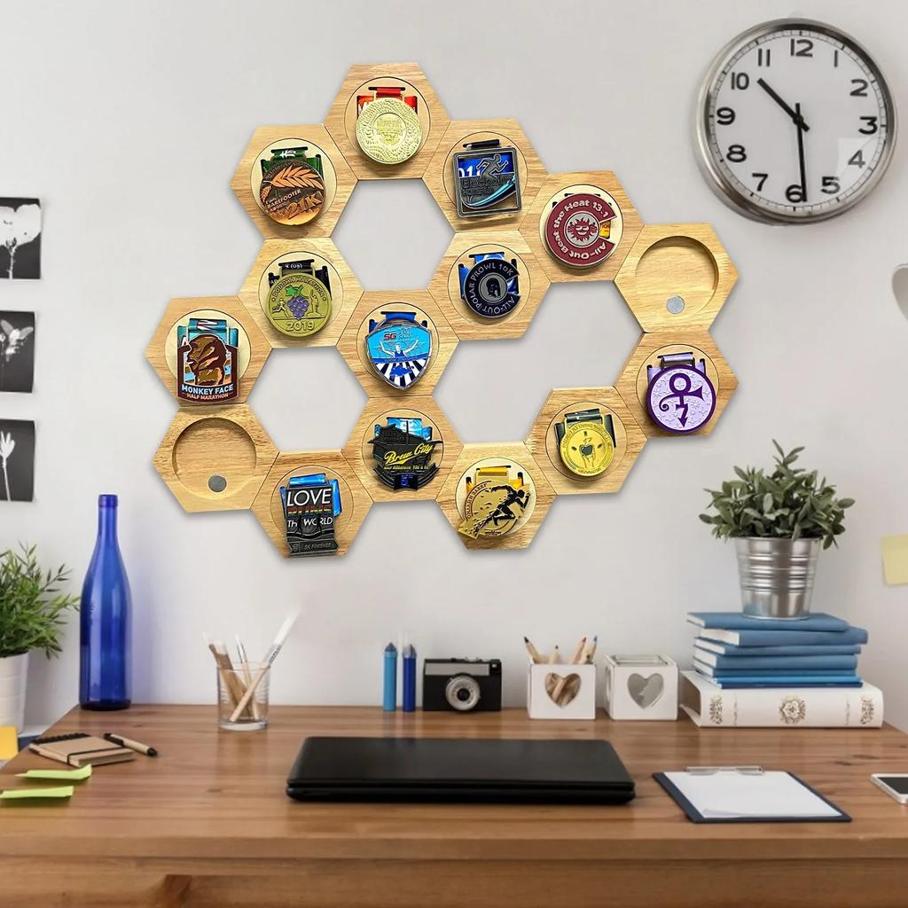 6pcs Medal Display Hanger Rack Wooden Honeycomb Medal Storage for Sports Races Track Field Spartan Running Marathons