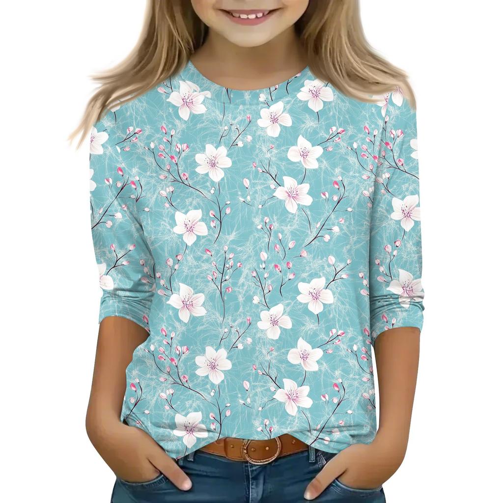 Print Tops For Youth Girls 5-16 Years Round Neck 3/4 Sleeves T-Shirts Trendy Tops Outfit Tees
