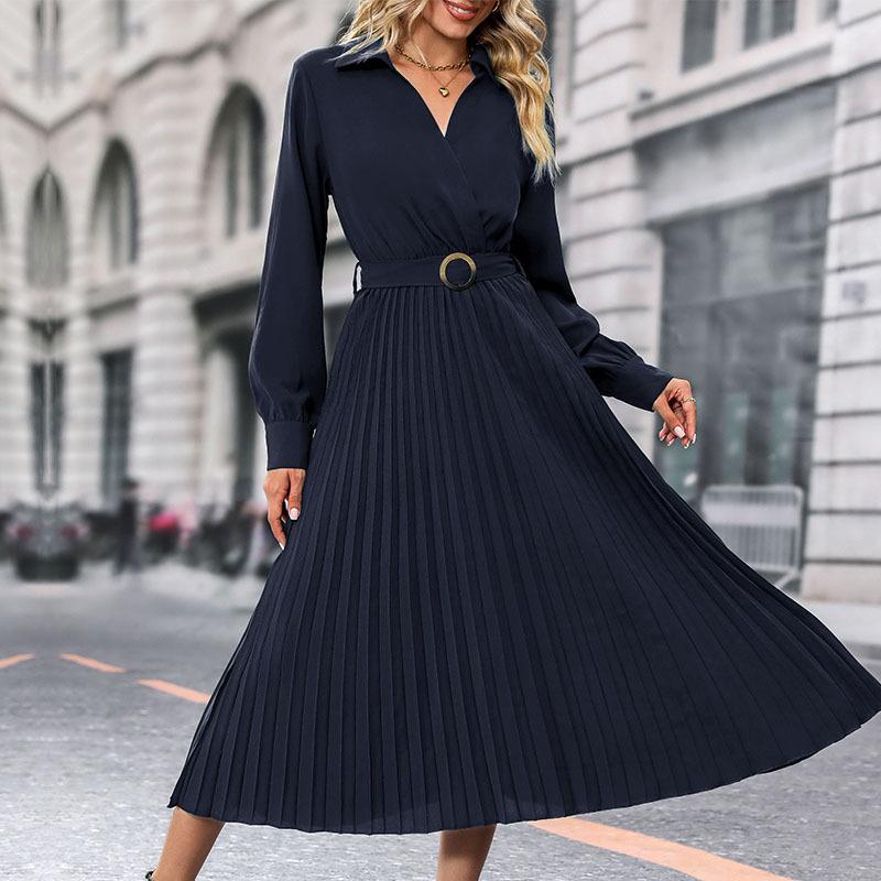 YYFS Damenmode Frühling Herbst Einfarbig Druck Langarm POLO Hals Casual Kleider