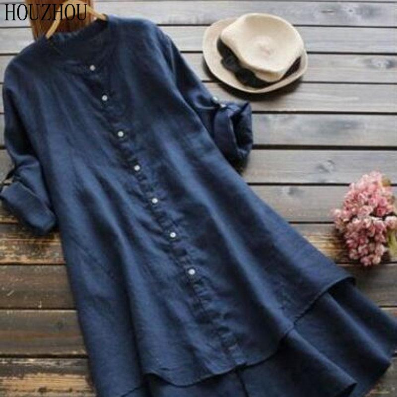 HOUZHOU Solid Cotton Linen Shirt Women Button Round Neck Long Sleeve Shirt Elegant Basic Office Ladies