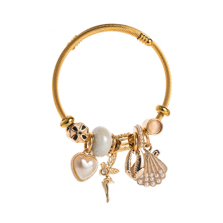 Adjustable Gold Alloy Bracelet with Pearl & Seashell Charms