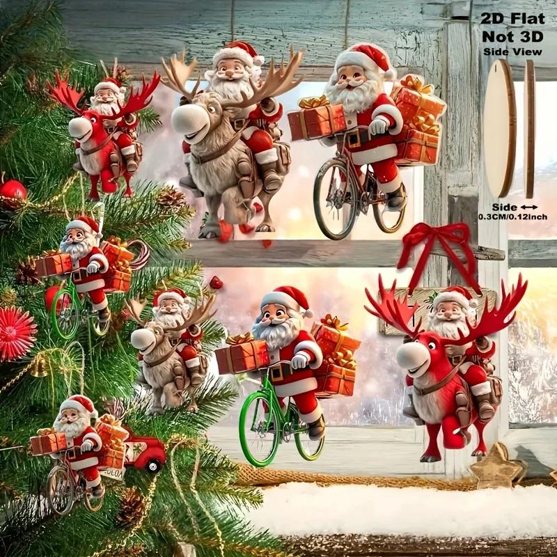 8/10Pcs Christmas Wooden Bicycle Santa Claus 2D Flat Wooden Pendant Christmas Tree Decoration Perfect Holiday Gift Decor