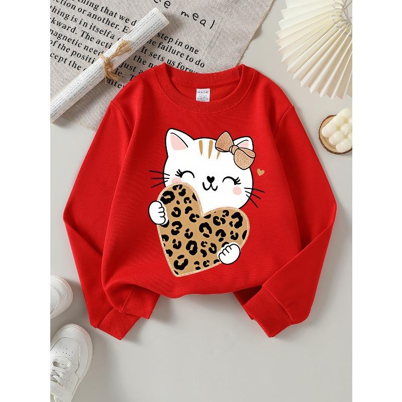 Kids Sweatshirt,Crew Neck Fashion Top, Fun "Cute Cat Leopard Heart" Patterned Sweatshirt,for Everyday Casual Wear, for All Kinds of Daily Outfits