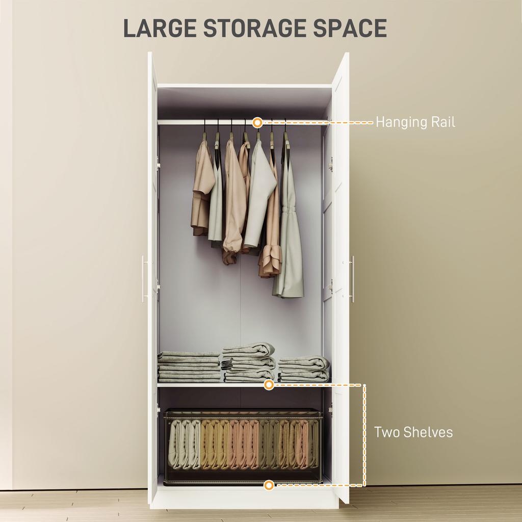 Double Paneled Door Wardrobe, with Shelves - White