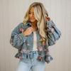 Retro Washed Denim Floral Print Loose Long Sleeve Women's Shirt