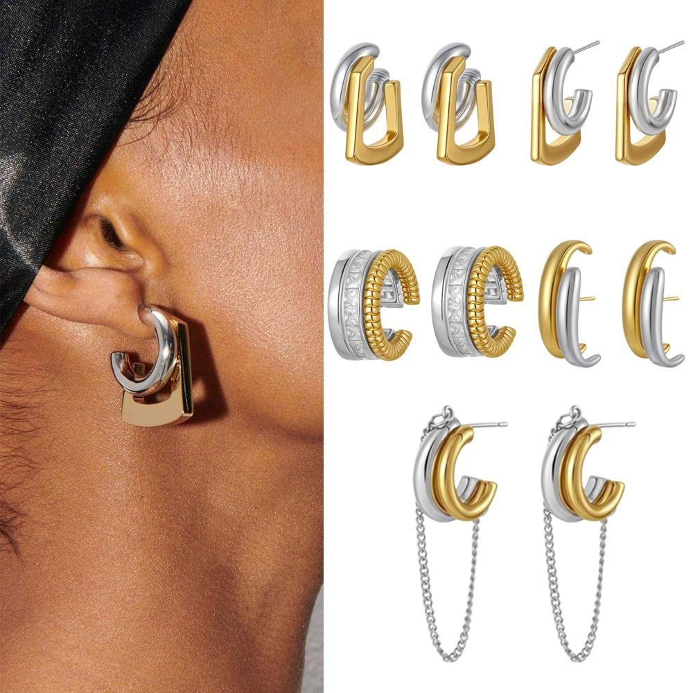 Mix Color C Shape Hoop Earrings Two-tone Design Huggie Earrings Double Layer Earrings  Gift Jewelry