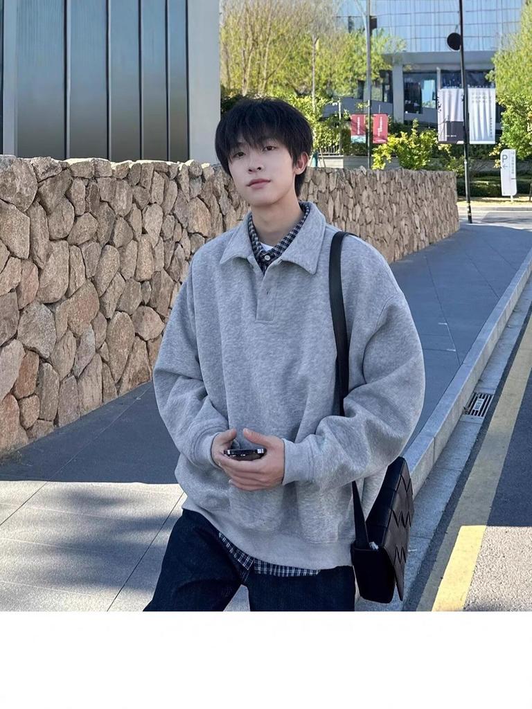 2025 Grey Lapel Hoodie: Versatile Spring/Autumn Casual Long Sleeve POLO Shirt