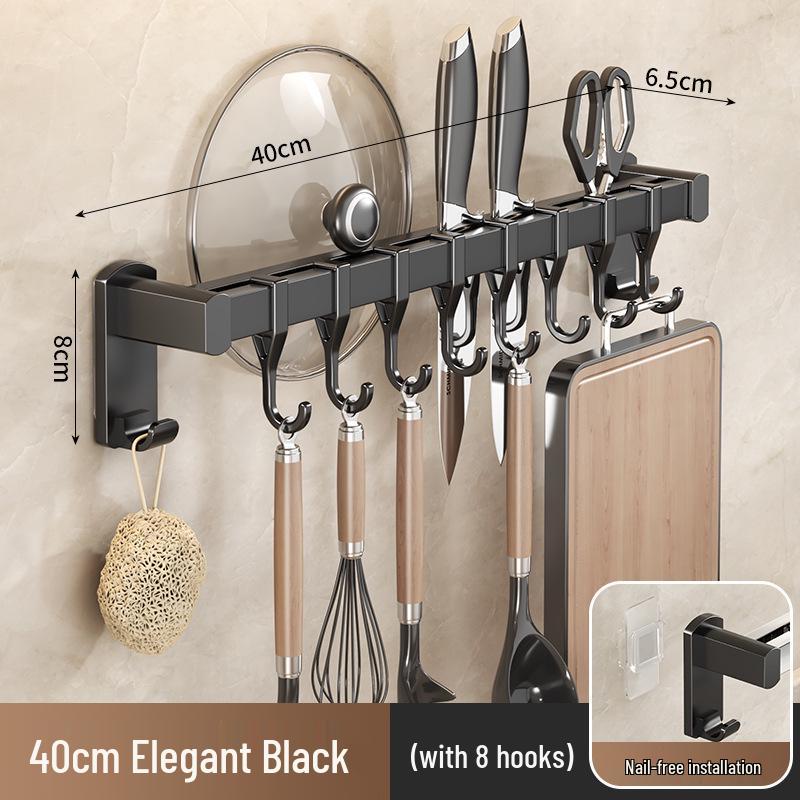 Black Traceless Adhesive Kitchen Storage Rack: Punch-Free Wall-Mounted Pot Lid, Knife Holder, Multi-Functional Hooks
