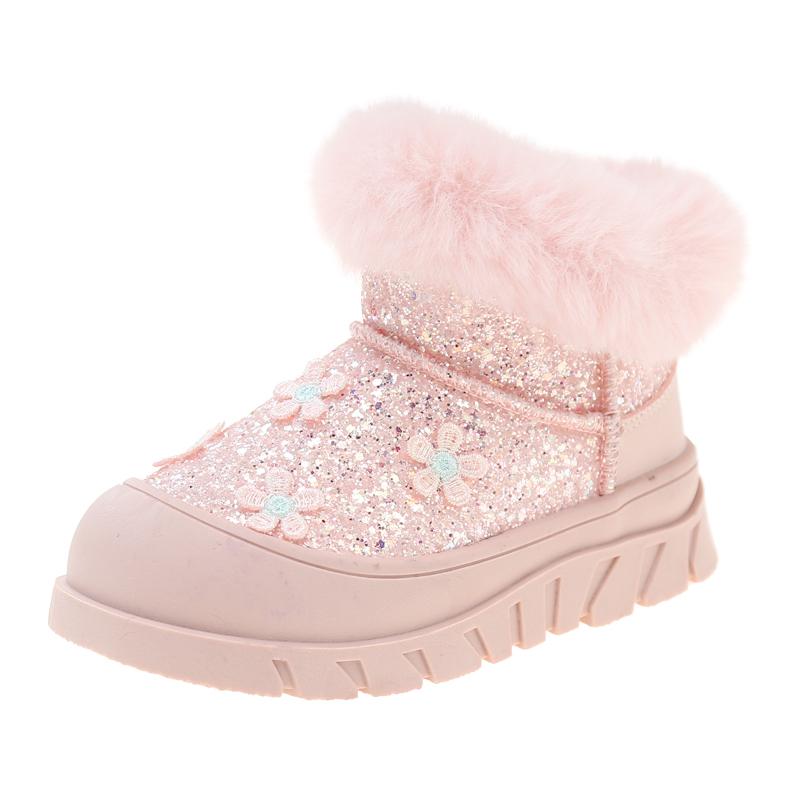 Girls Snow Boots Thick Bottom Shine Rhinestones Winter Children Warm Cotton Shoes with Flowers Kids Princess Boots Anti-Slippery