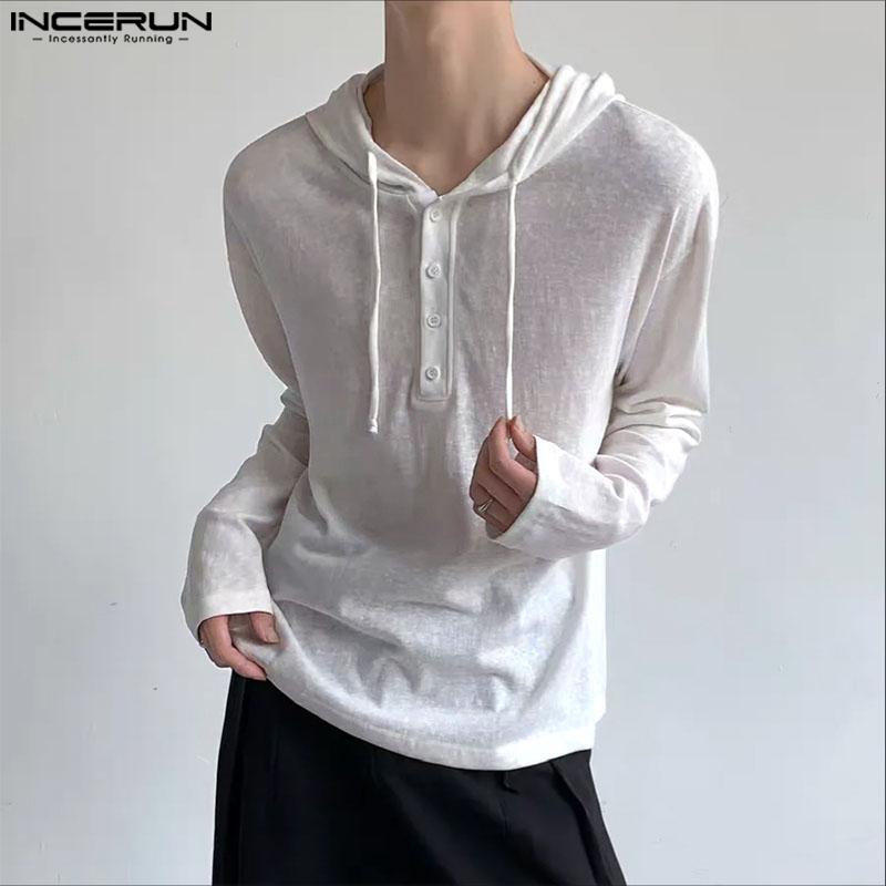 INCERUN Oversized Men Long Sleeve Transparent Loose Drawstring Hooded Tops T-shirts