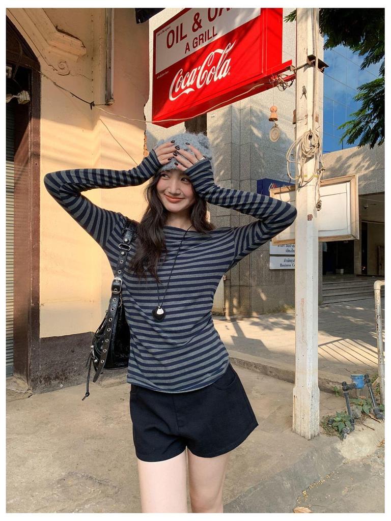 Women's Gray Striped One-Shoulder Long-Sleeve T-Shirt - Slimming Waist, Comfortable, Casual, Versatile - New for Early Autumn 2026