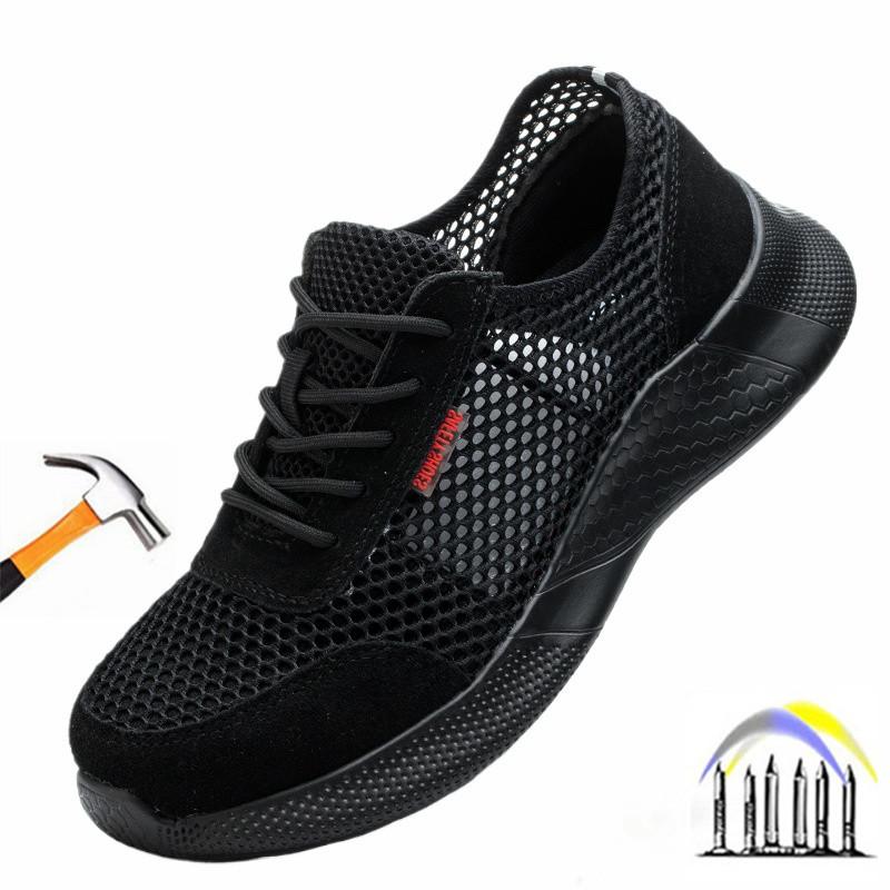 summer safety shoes black breathable mesh work shoes lightweight safety sneaker for men steel toe safety boots for women ladies