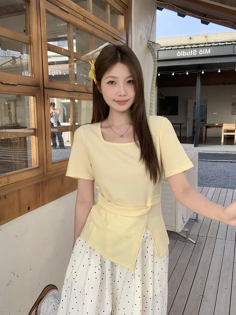 

Plus Size Irregular Drawstring Cropped T-shirt - Women s Summer Short Sleeve Top 4XL жовтий