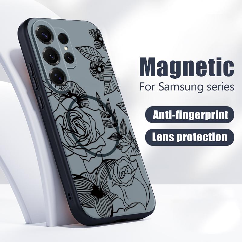 Magnetic For Magsafe Case For Samsung Galaxy S26 Ultra S25 Edge S24 Plus S23 FE S22 A54 A55 A56 5G Line Rose Flowers Leaves Pattern Matte Cover