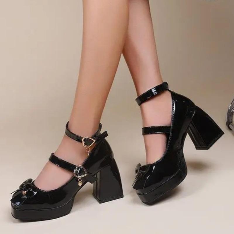 Fashion Punk Black Buckle High Heels Pumps Women Luxury Chunky Platform Shoes Lolita Shoes Women Bowtie Thick Heel Gothic Shoes