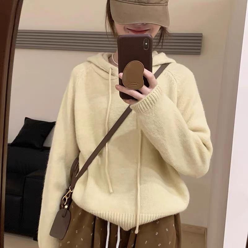 2025 Women's High-End European Style Pure Wool Hooded Sweater – Thick, Loose Knitwear for Autumn/Winter