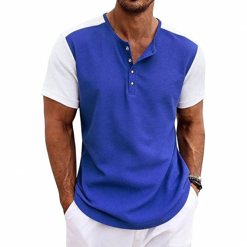 Mens Loose Short Sleeve Waffle Henley T Shirt Summer Casual Top