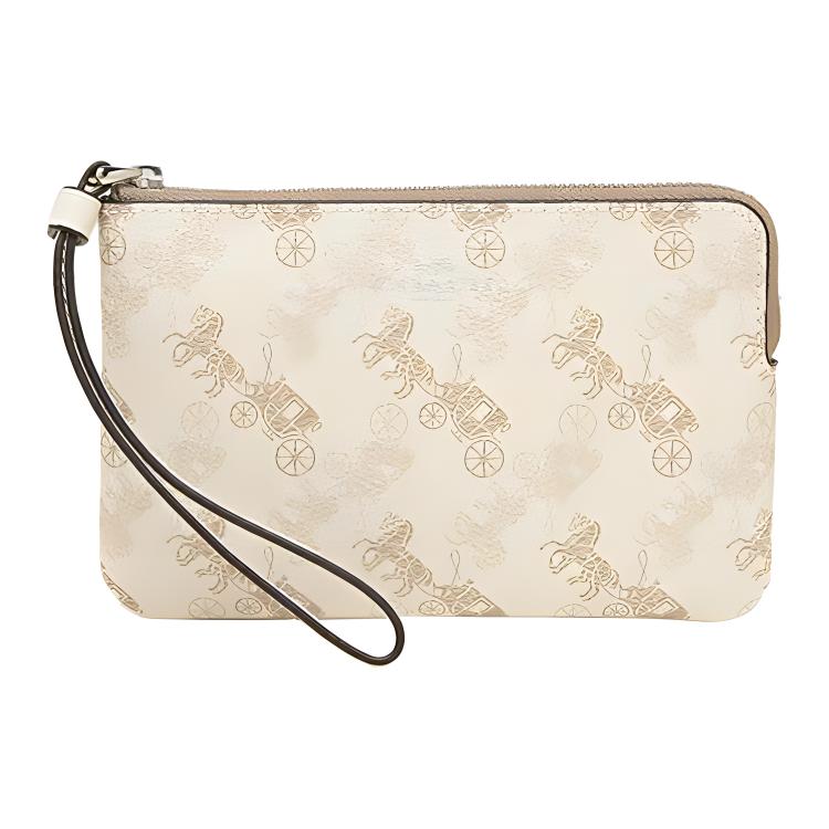New COACH Corner Zip Coated Canvas With Smooth Leather Coin Purse, Clutch Women's Cream White 88083-SVQB9