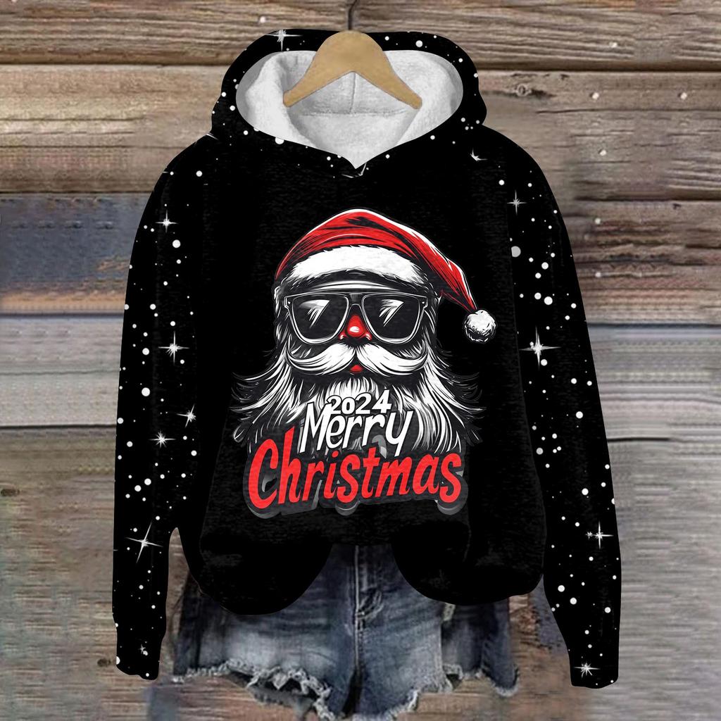 Dammode Pullover Djup Ärm Jul Tryckt Huvtröja