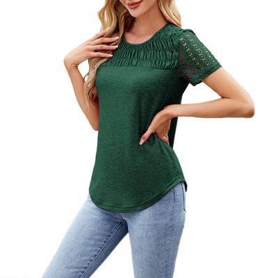 Spring And Summer New Tops Short Sleeve Slim Round Neck Stitching Lace T-shirt For Women