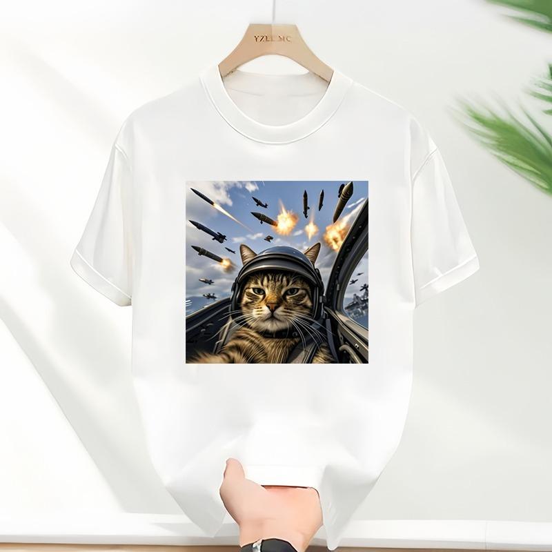 

White TShirt Helmet Wearing Tabby Cat Print Background With Fighter Jets Missile Explosion Battle Scene Funny Creative Top S