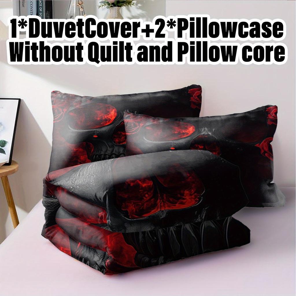 3pcs Duvet Cover Set Without Core 1 Quilt Cover + 2 Pillowcases Soft and Machine Washable Skull Design Bedding Set for Bedroom,