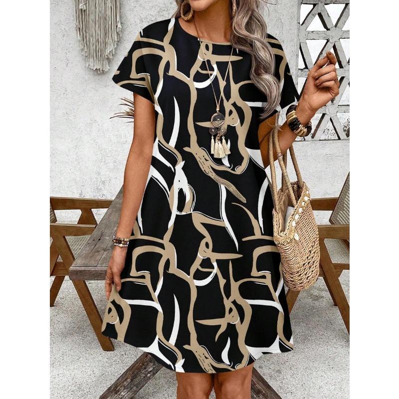 Women's Casual Geometric Print Short Sleeve A-Line Dress, Summer Boho Style