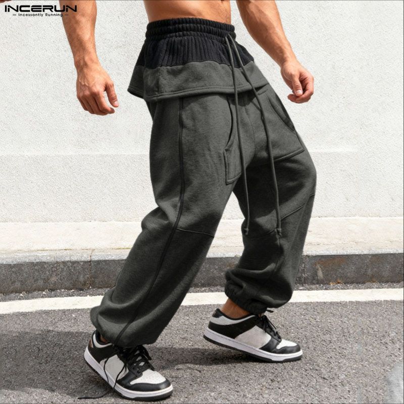 INCERUN Men Ruffled Elastic Waist Casual Long Sports Pants Trousers