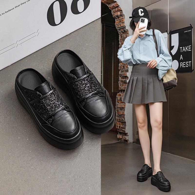 Baotou half slippers women's 2025 new Velcro simple heeless slippers women's casual platform shoes women's fashion