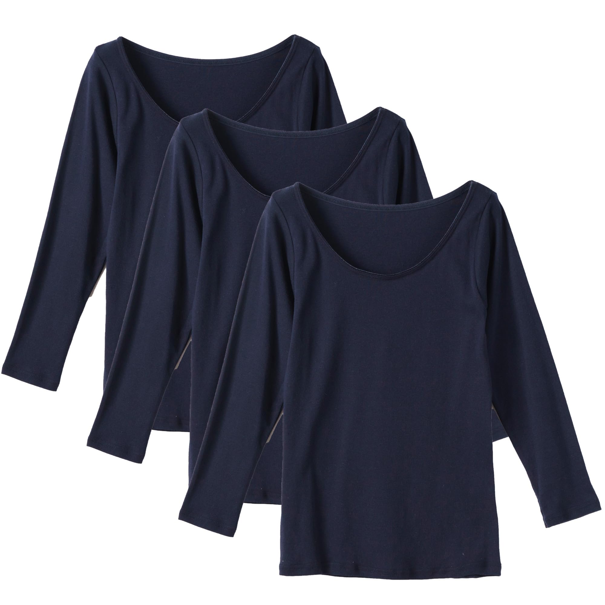 

Shirasagi Knit Cotton Long 3-Pack 100% Innerwear, 3/4 Sleeve, Sleeve, Simple, Women s, Cotton, Basic, T5033N-E (L, Navy, 3-Pack)