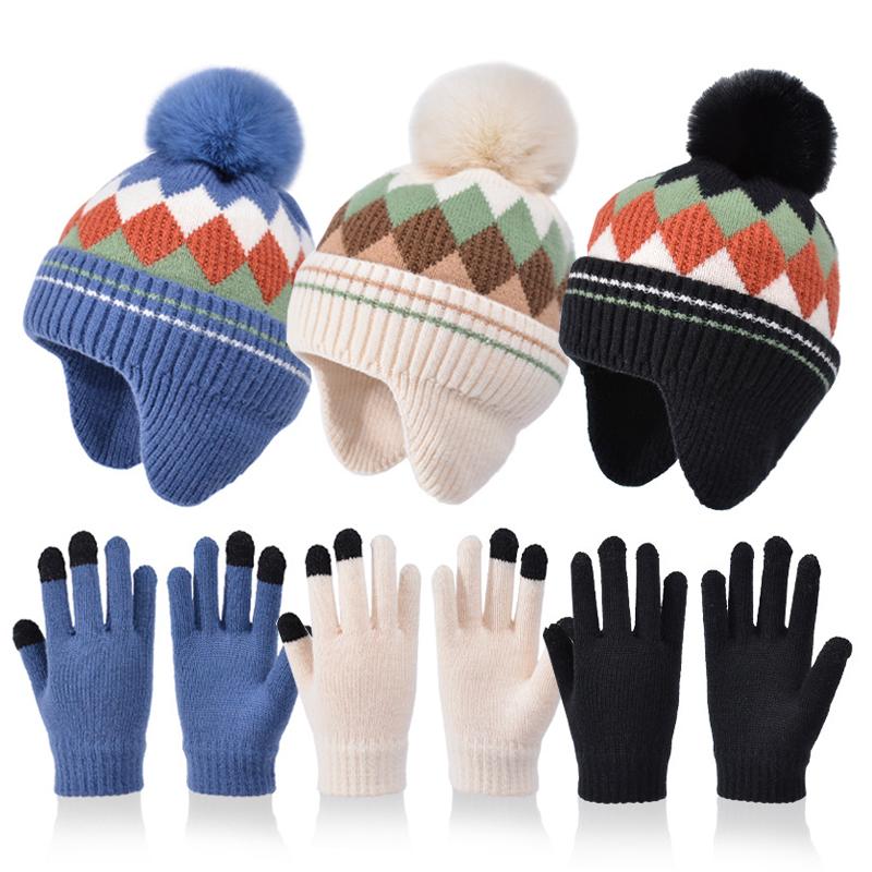 Children Winter Hat Gloves Set Faux Fur Ball Kids Beanie with Earflaps Thicken Warm Children Knitted Cap Suit 4-10Y