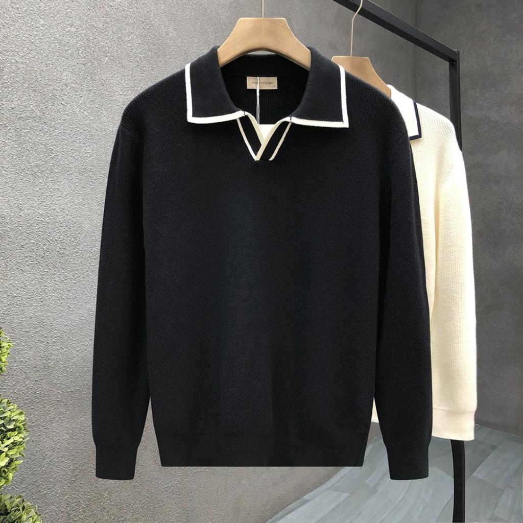 Korean Style Fashion Brand Rhombus Jacquard Lapel Polo Shirt Ruan Handsome Bottoming Long-Sleeved Sweater Hong Kong Style New