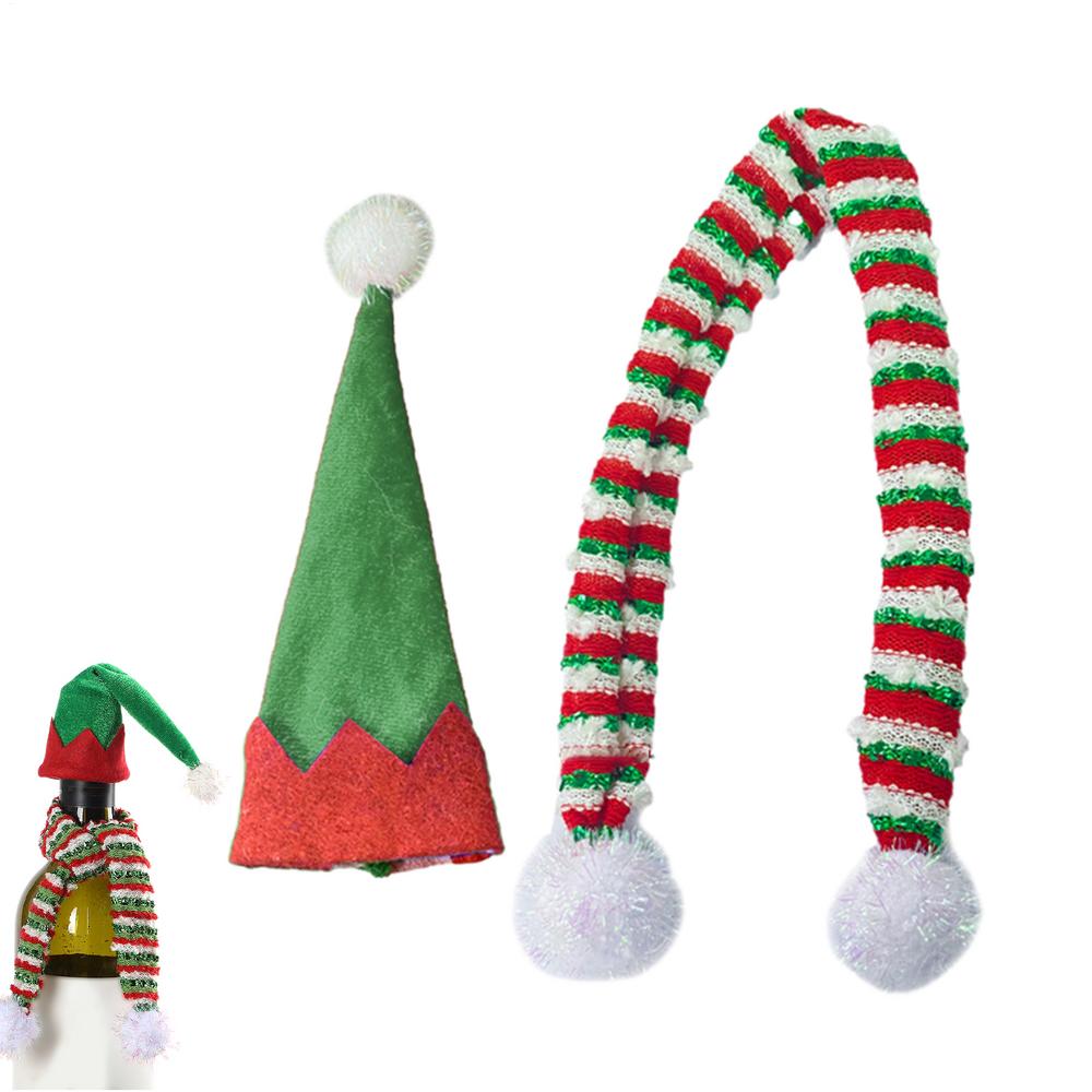 

Christmas Wine Bottle Cover Decorative Festival Bottle Topper Reusable Wine Hat And Scarf Cover For Party Holiday Gathering as shows зелений