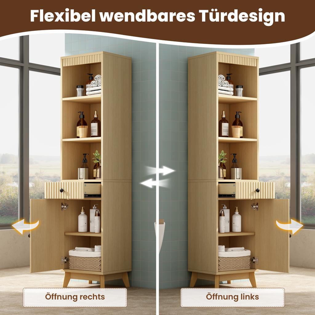 Tall Freestanding Bathroom Cabinet, Vertically Fluted Fronts, Reversible Left-Right Door, Drawer, Soft-Close Hinges, 40×36×172 Cm, Natural Wood Color