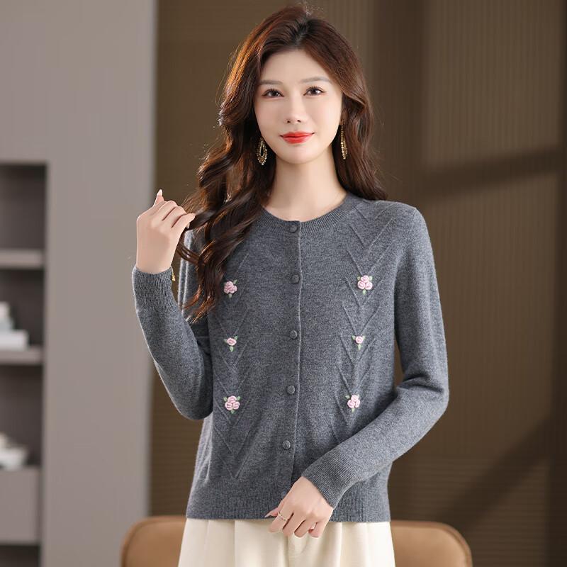 Women's 100% Wool Round Neck Embroidered Cardigan