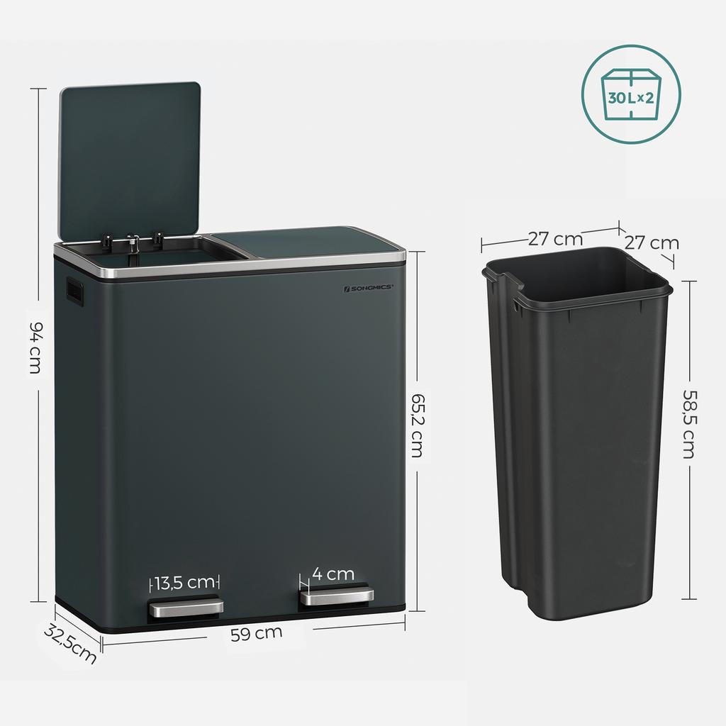 SONGMICS Double Rubbish Bin, 2 x 30 L Dual Compartment Kitchen Bin with 15 Rubbish Bags, Metal Pedal Bin with Plastic Inner Buckets and Lids