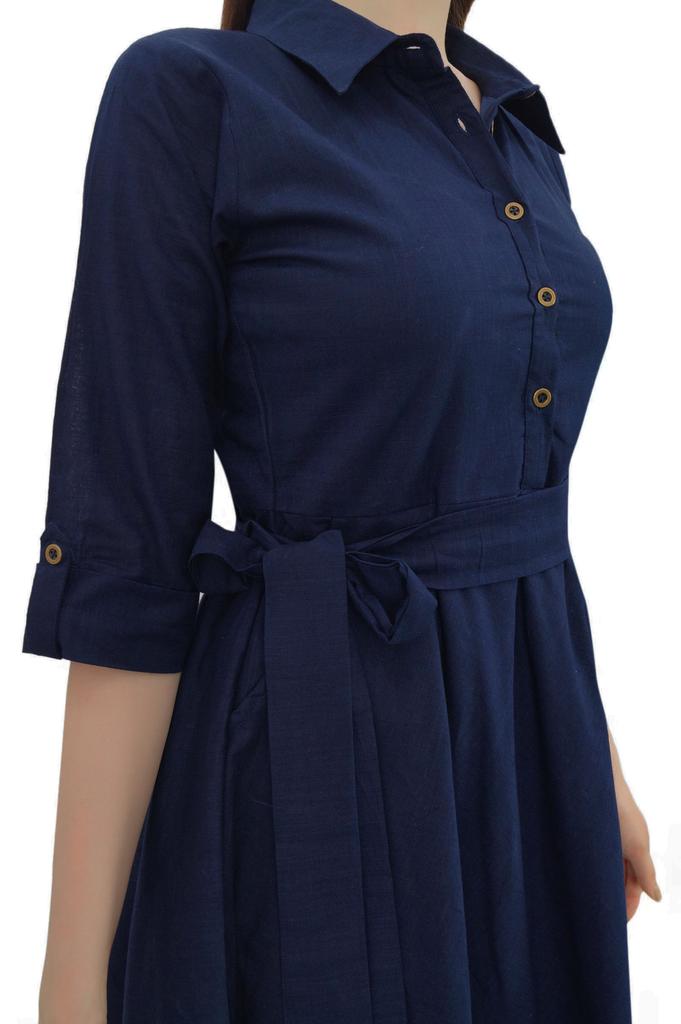 Bimba Women's 3 4 Sleeve Linen Collar Neck Solid Flared Shirt Dress with Side