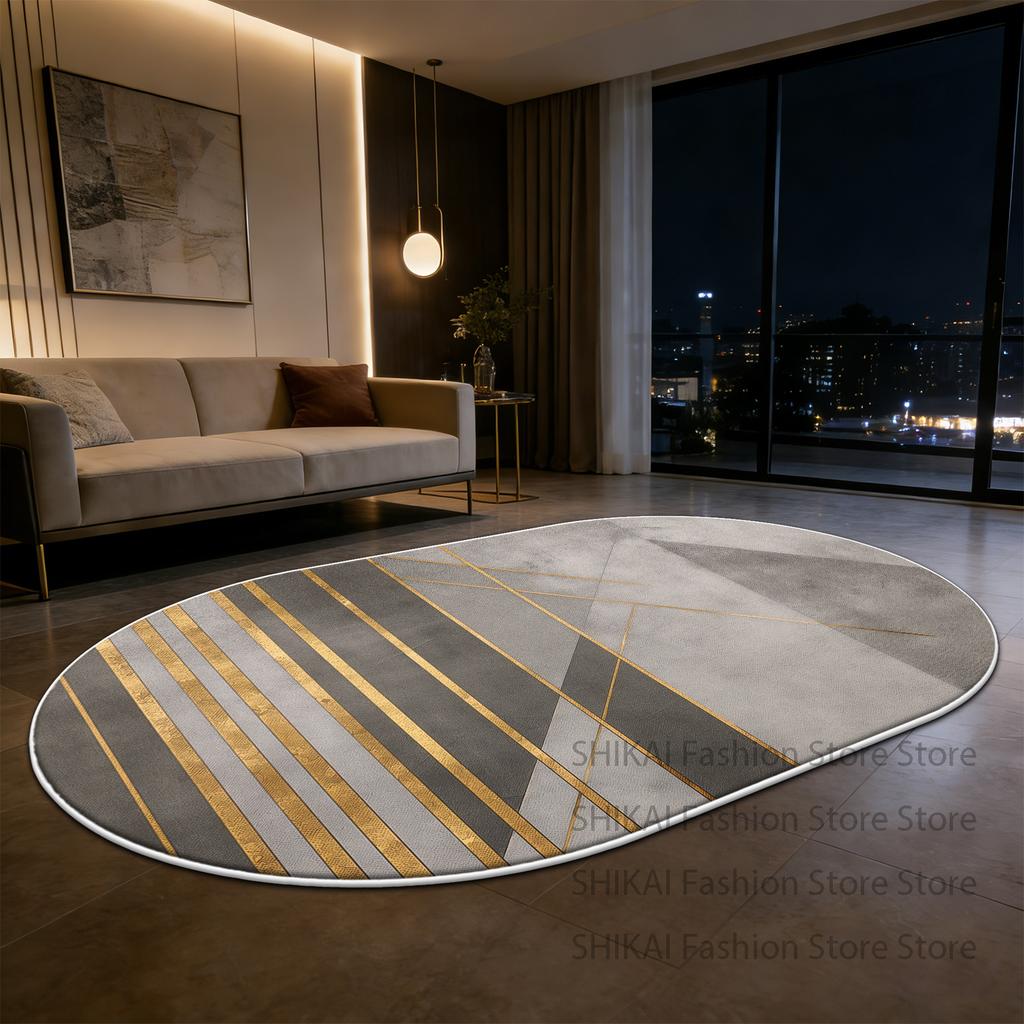 Grey Modern Geometric Style Oval Fluffy Carpet Decoration Living Room Easy Clean Soft Rug Large Area Non-slip Coffee Tables Mats