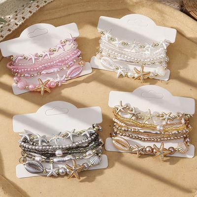 1 Set di Braccialetti Stella Marina Bohemien per Donna Stile Costiero Impilabili Braccialetti Elastici Braccialetti con Perle Finte per Vacanza Estate Spiaggia