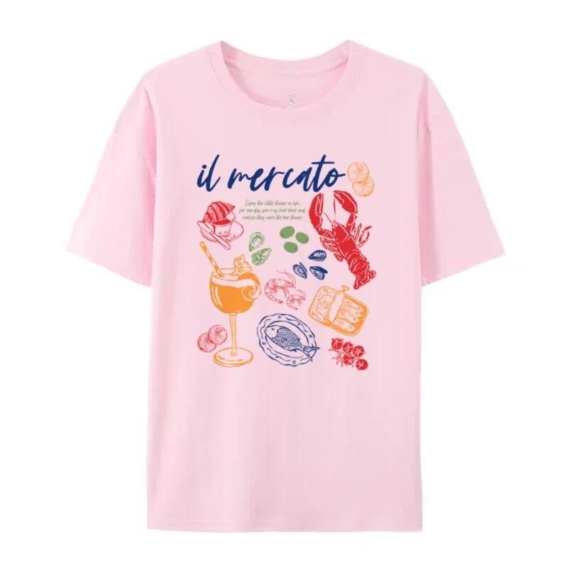 Vintage Aesthetics Italian Market T-shirt Summer Sardine Seafood Cute La Dolce Vita Gourmet Shirt Women's Relaxed Vacation