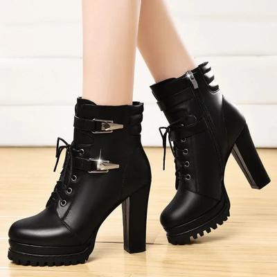Chunky Heel Platform Ankle Boots Women  Winter Waterproof  Warm Leather PU Lace-up High-heeled Women Boots Black Botas Mujer