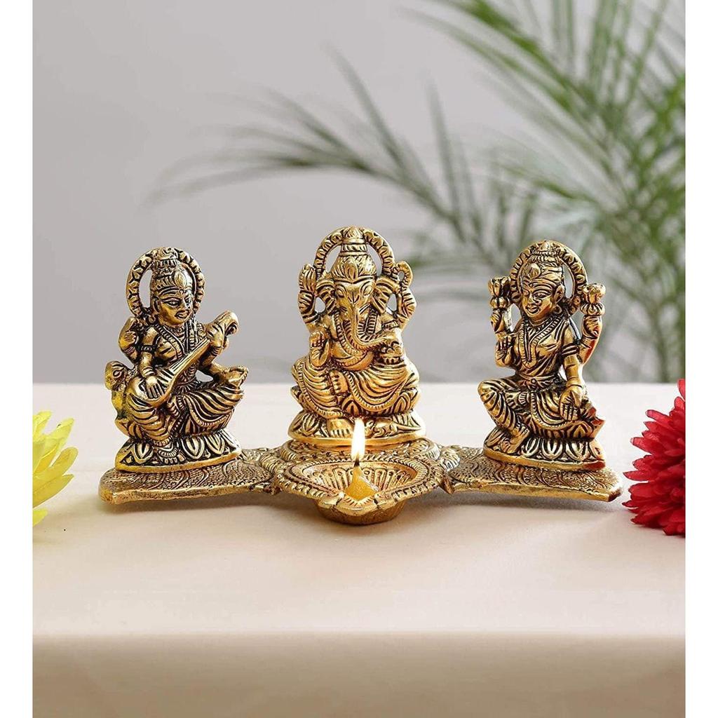 God Idols for Pooja | Metal Antique Ganesh laxmi Saraswati Sculpture Murti for Home Decor | Decorative Platter with Diya Ganpati