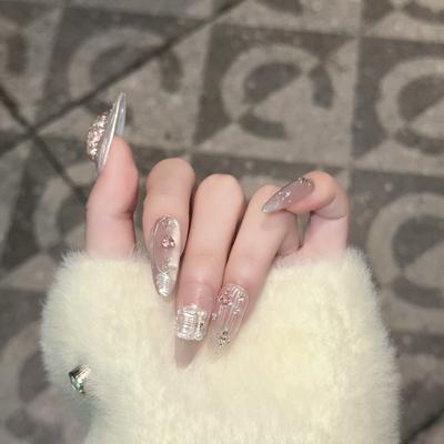 Pure Hand-wearing Armor In Spring and Summer Girl Ice-transparent Nude Powder Magic Mirror Fake Nails Removable Nail Art