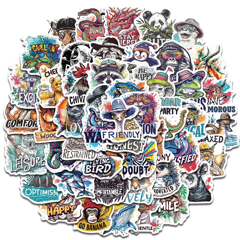 50PCS Corloful Animals Design illustrations Sticker Graffiti Skateboarding Luggage Retro Graffiti Personalized Decoration