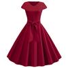 Damen Sommer Vintage Kleid Mit Gürtel Kurze Ärmel V-Ausschnitt Elegant Retro Schwingendes Partykleid